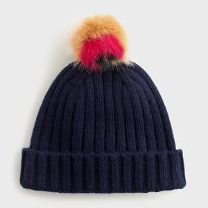 J.CREW Ribbed Beanie With Striped Faux Fur Pom Pom NAVY H3192